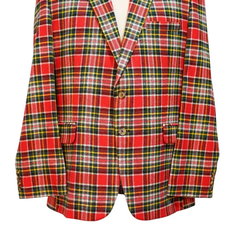 Mens Lambswool Sport Coat 44R Red Green Tartan Plaid Blazer 2 Button Heritage